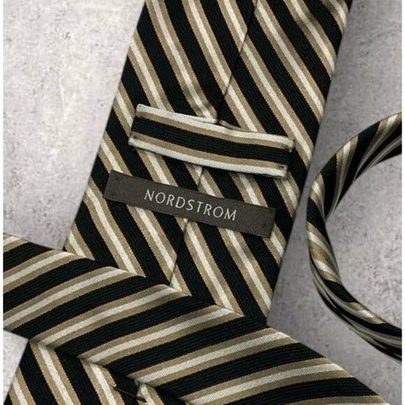 NORDSTROM Silk Tie USA Black Beige Striped W:3.6" EUC - Picture 2 of 5